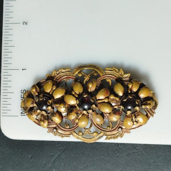 Antique Brooch Victorian Art Nouveau Gold Tone Floral Gilt Brass Dark Glass - Picture 3 of 10